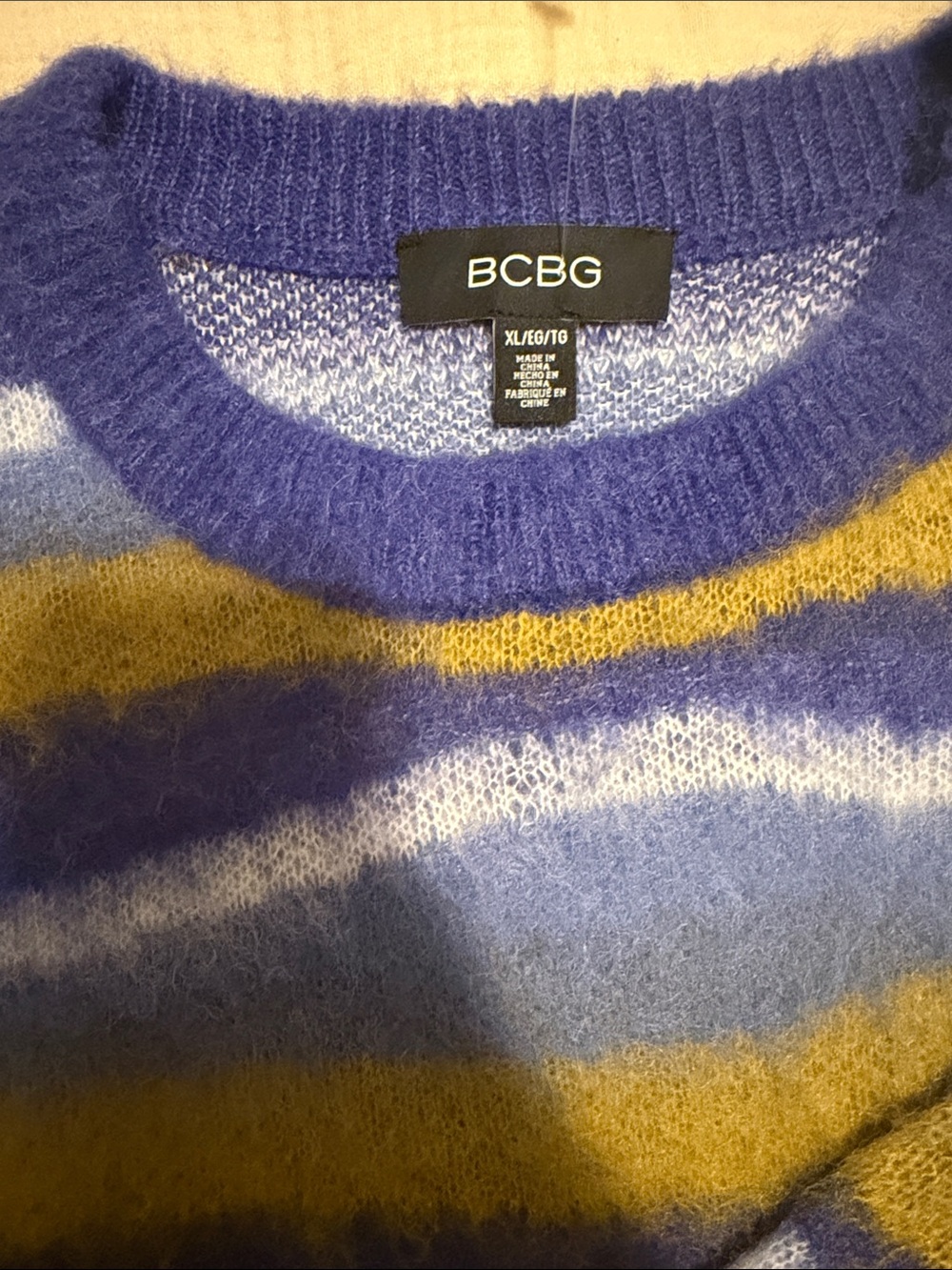 BCBG Blue, Mustard & White Striped Crewneck Sweater - Picture 3 of 5
